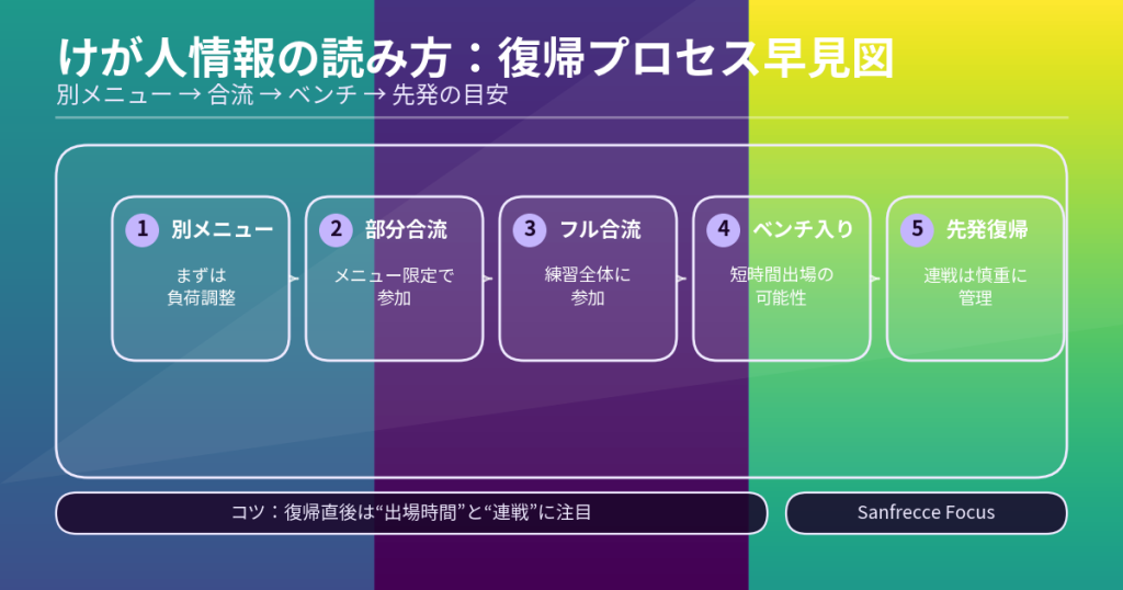 サンフレッチェ広島のけが人情報を読むための復帰プロセス早見図