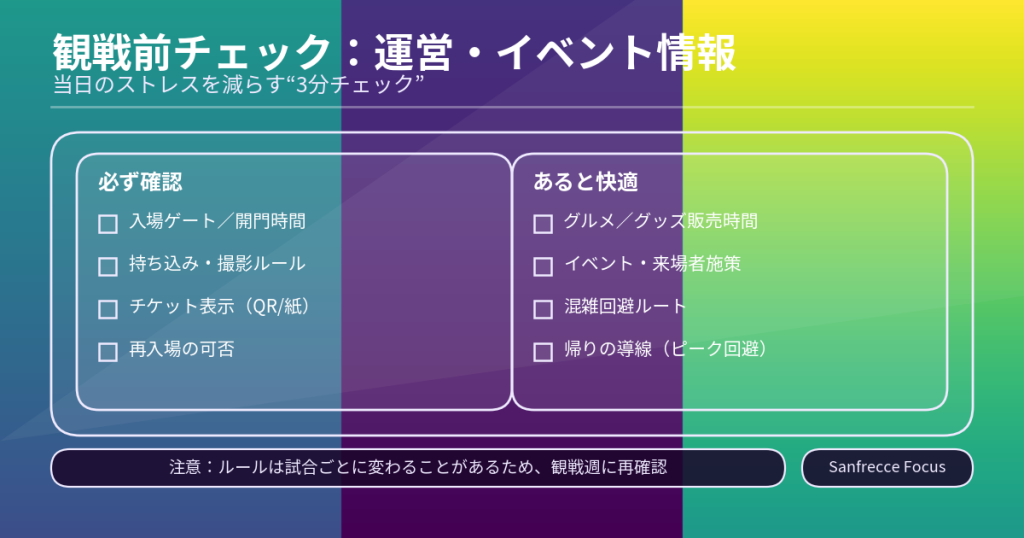 スタジアム運営やイベント情報を観戦前に確認するチェックリスト図解