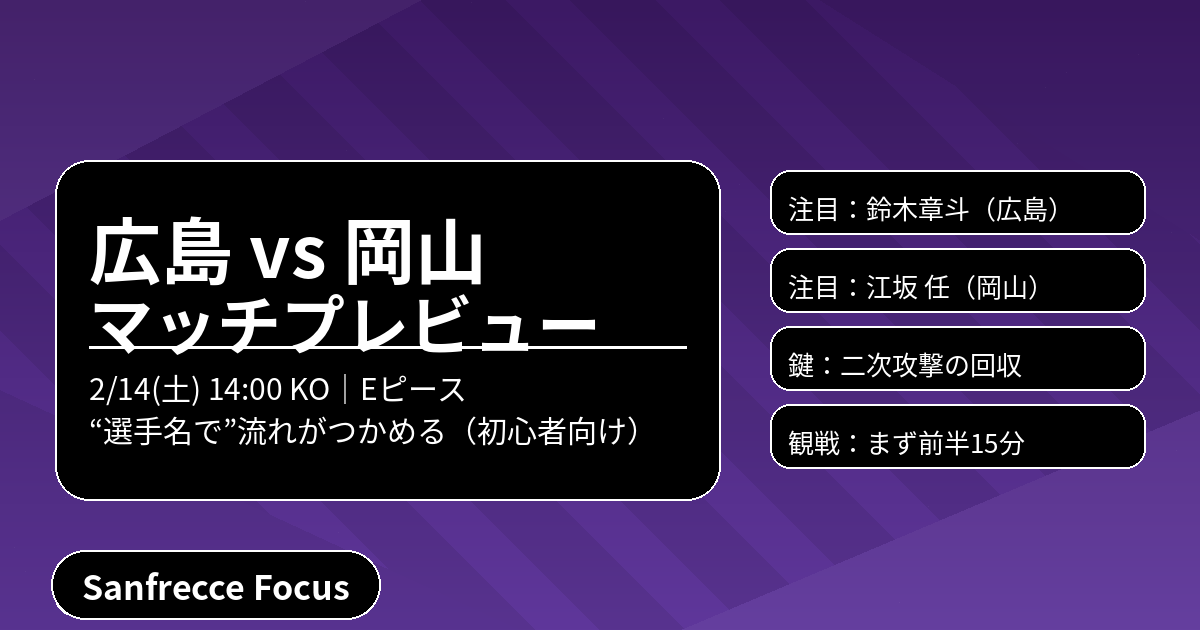 サンフレッチェ広島vsファジアーノ岡山 2月14日マッチプレビュー 選手名で見る注目ポイント