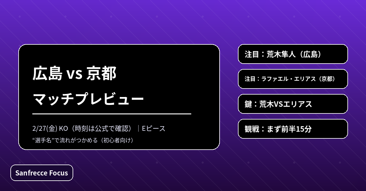 広島vs京都 マッチプレビュー（2026/2/27）注目は荒木隼人VSラファエル・エリアス